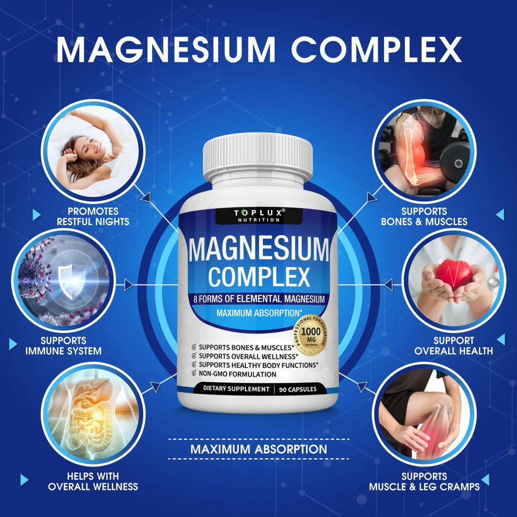 Magnesium Complex Supplement 8 Elemental 1000mg - Magnesium Glycinate, Citrate, Malate, Taurate, Chelated for Easy Absorption for Bones, Muscle, Recovery, Energy, Vegan Non-GMO 90 Capsules - TrustMedUSA