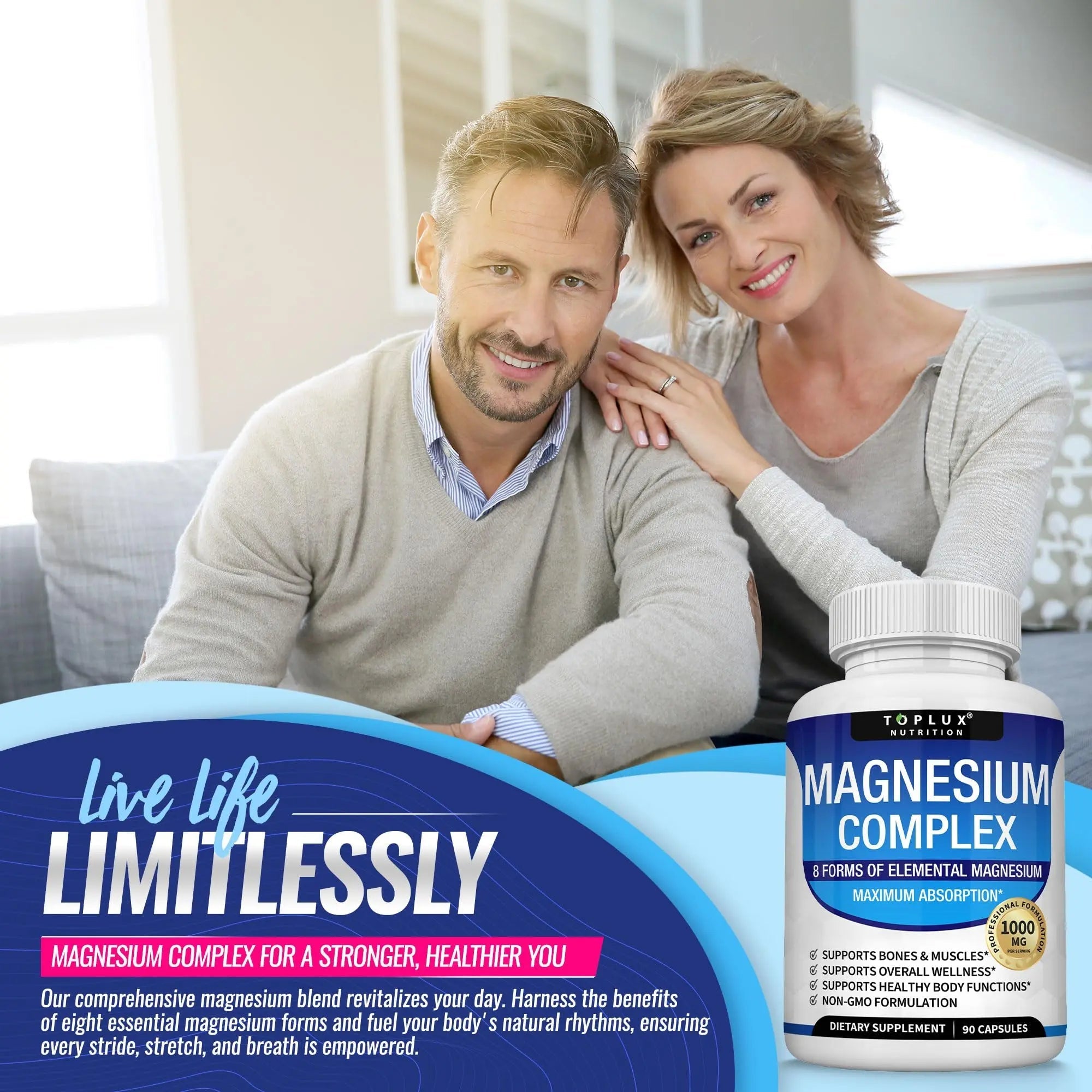 Magnesium Complex Supplement 8 Elemental 1000mg - Magnesium Glycinate, Citrate, Malate, Taurate, Chelated for Easy Absorption for Bones, Muscle, Recovery, Energy, Vegan Non-GMO 90 Capsules - TrustMedUSA