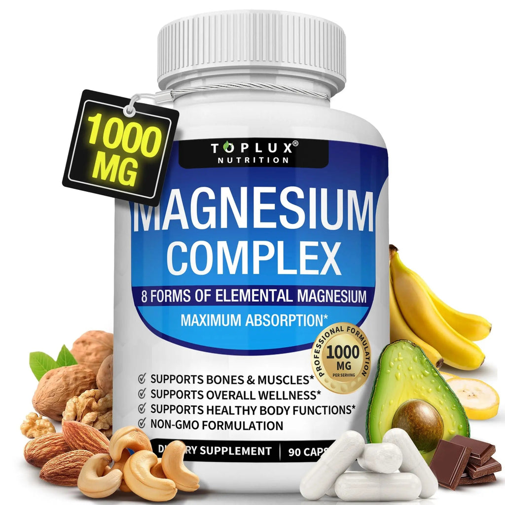 Magnesium Complex Supplement 8 Elemental 1000mg - Magnesium Glycinate, Citrate, Malate, Taurate, Chelated for Easy Absorption for Bones, Muscle, Recovery, Energy, Vegan Non-GMO 90 Capsules - TrustMedUSA