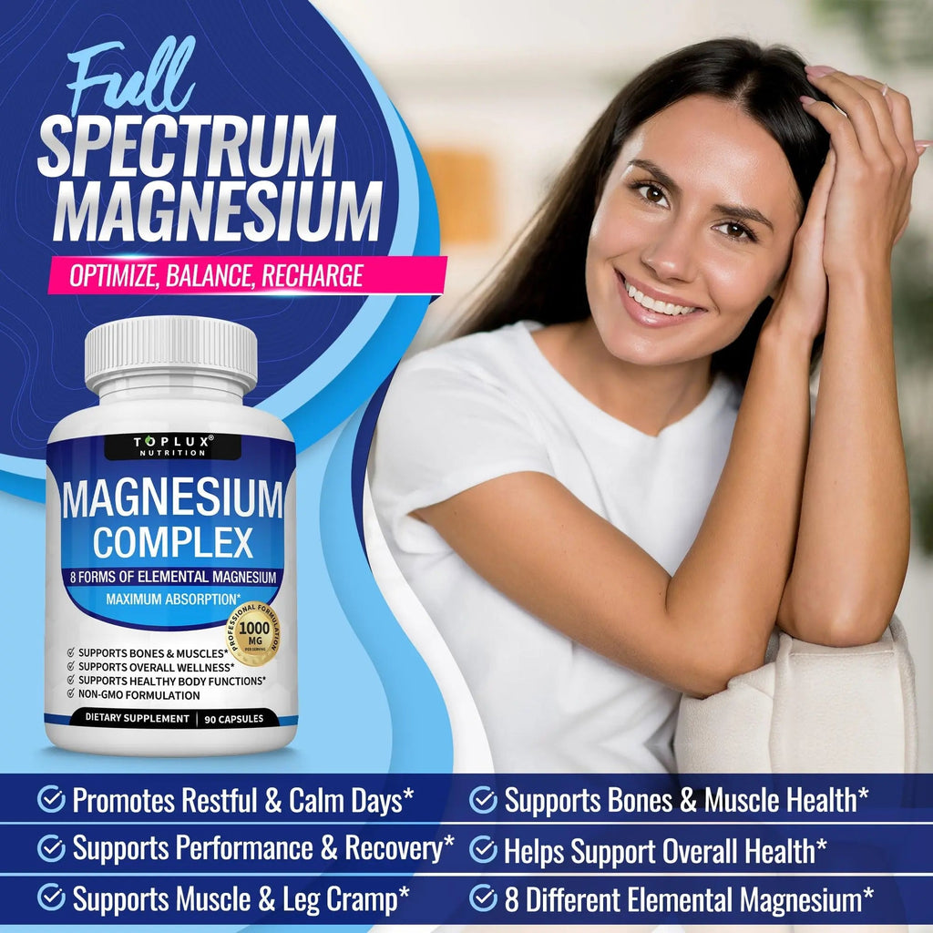 Magnesium Complex Supplement 8 Elemental 1000mg - Magnesium Glycinate, Citrate, Malate, Taurate, Chelated for Easy Absorption for Bones, Muscle, Recovery, Energy, Vegan Non-GMO 90 Capsules - TrustMedUSA