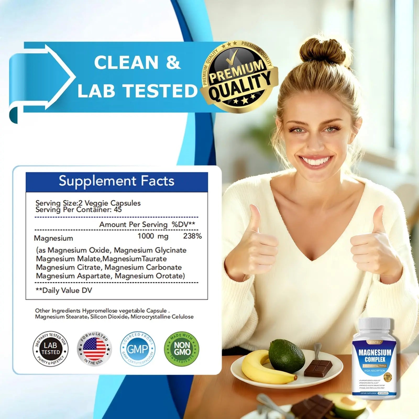 Magnesium Complex Supplement 8 Elemental 1000mg | Magnesium Supplement with Glycinate, Malate, Citrate | Sleep, Relaxation, Bone & Muscle | Vegan 90 Capsules - TrustMedUSA