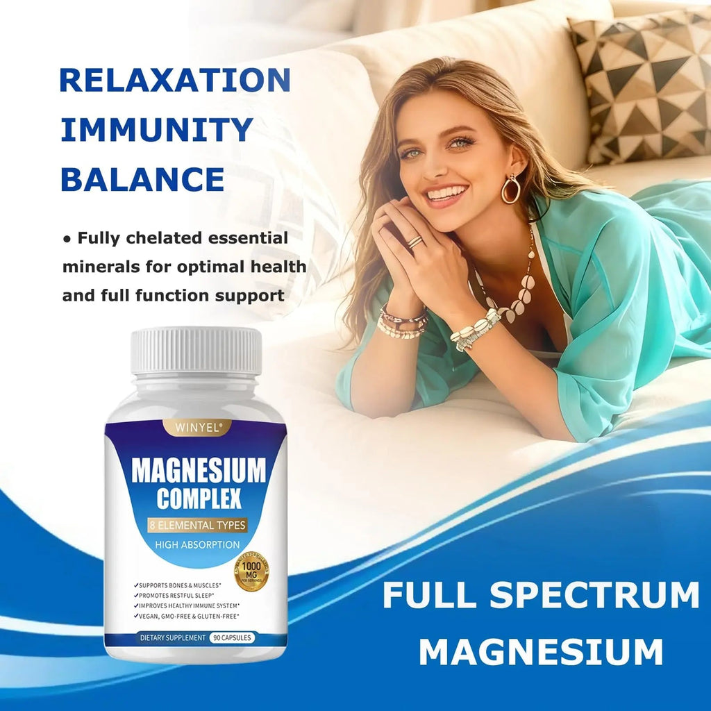 Magnesium Complex Supplement 8 Elemental 1000mg | Magnesium Supplement with Glycinate, Malate, Citrate | Sleep, Relaxation, Bone & Muscle | Vegan 90 Capsules - TrustMedUSA