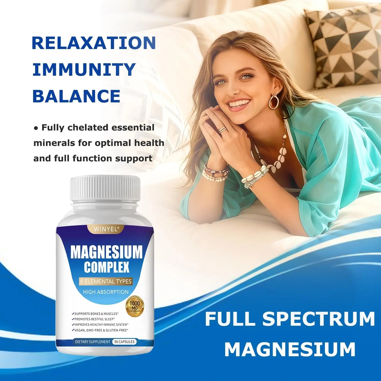 Magnesium Complex Supplement 8 Elemental 1000mg | Magnesium Supplement with Glycinate, Malate, Citrate | Sleep, Relaxation, Bone & Muscle | Vegan 90 Capsules - TrustMedUSA