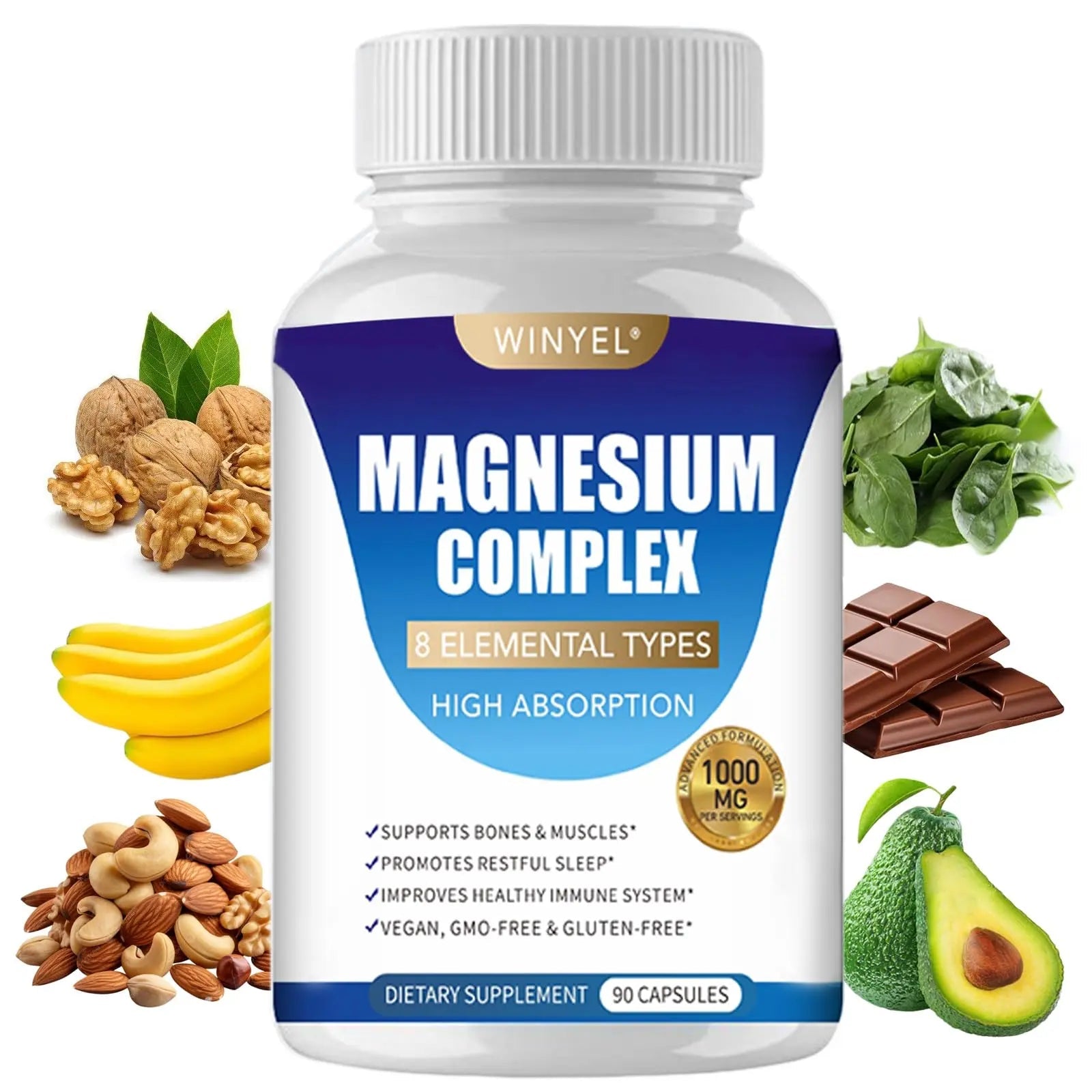 Magnesium Complex Supplement 8 Elemental 1000mg | Magnesium Supplement with Glycinate, Malate, Citrate | Sleep, Relaxation, Bone & Muscle | Vegan 90 Capsules - TrustMedUSA