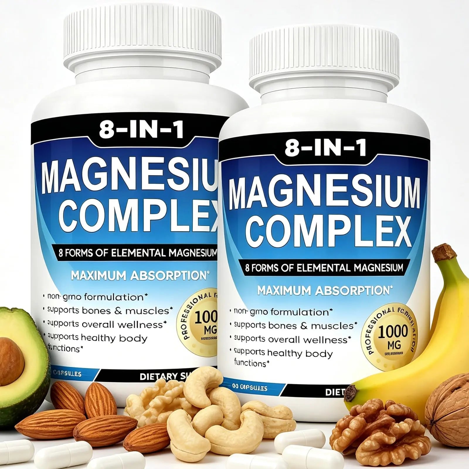 Magnesium Complex Supplement 8 Elemental 1000mg with Glycinate,Citrate for Muscle, Recovery, Stress, Energy, Bone Health, Vegan Non-GMO 180 Capsules, Magnesium Supplement for Women, Men, 2 Bottle - TrustMedUSA