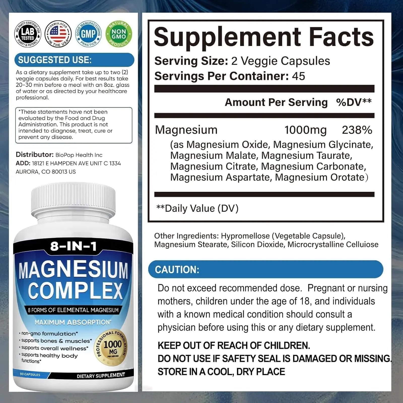Magnesium Complex Supplement 8 Elemental 1000mg with Glycinate,Citrate for Muscle, Recovery, Stress, Energy, Bone Health, Vegan Non-GMO 180 Capsules, Magnesium Supplement for Women, Men, 2 Bottle - TrustMedUSA