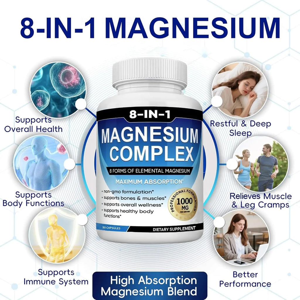 Magnesium Complex Supplement 8 Elemental 1000mg with Glycinate,Citrate for Muscle, Recovery, Stress, Energy, Bone Health, Vegan Non-GMO 180 Capsules, Magnesium Supplement for Women, Men, 2 Bottle - TrustMedUSA