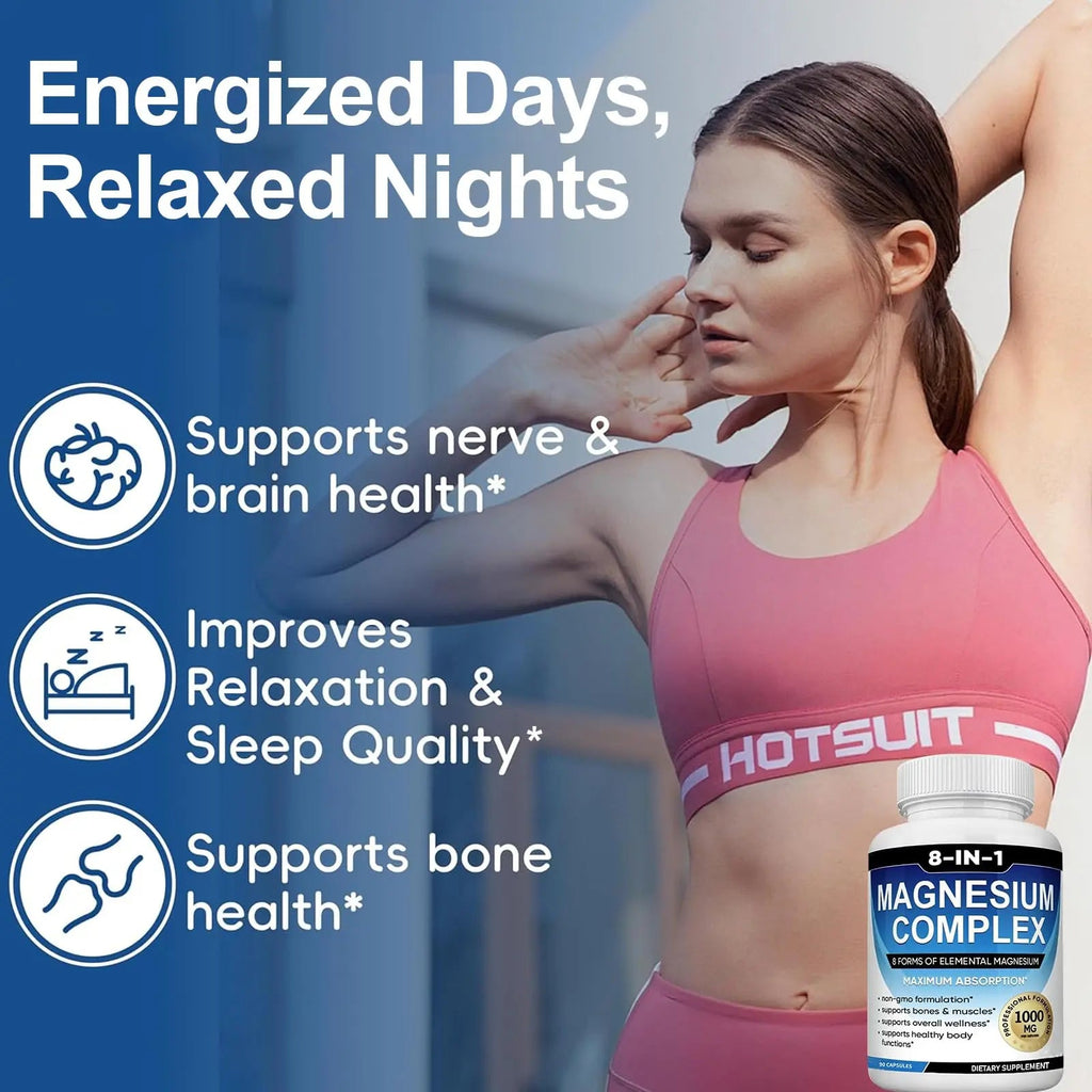 Magnesium Complex Supplement 8 Elemental 1000mg with Glycinate,Citrate for Muscle, Recovery, Stress, Energy, Bone Health, Vegan Non-GMO 180 Capsules, Magnesium Supplement for Women, Men, 2 Bottle - TrustMedUSA