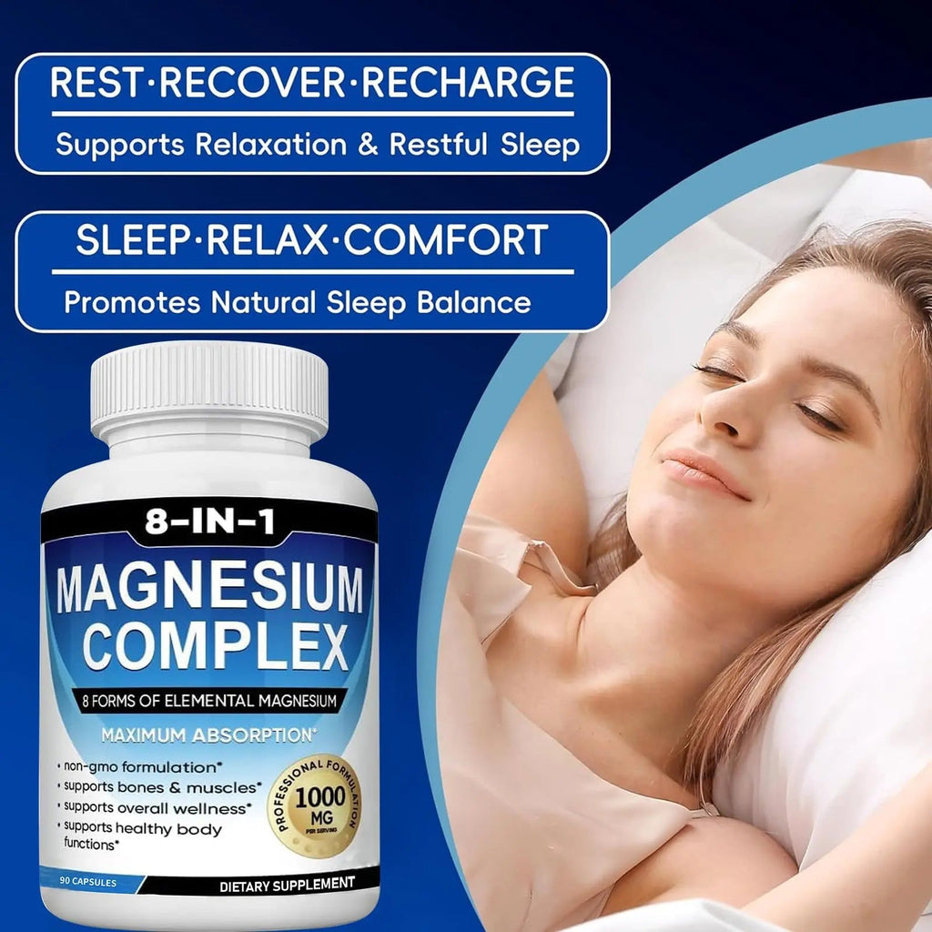Magnesium Complex Supplement 8 Elemental 1000mg with Glycinate,Citrate for Muscle, Recovery, Stress, Energy, Bone Health, Vegan Non-GMO 180 Capsules, Magnesium Supplement for Women, Men, 2 Bottle - TrustMedUSA