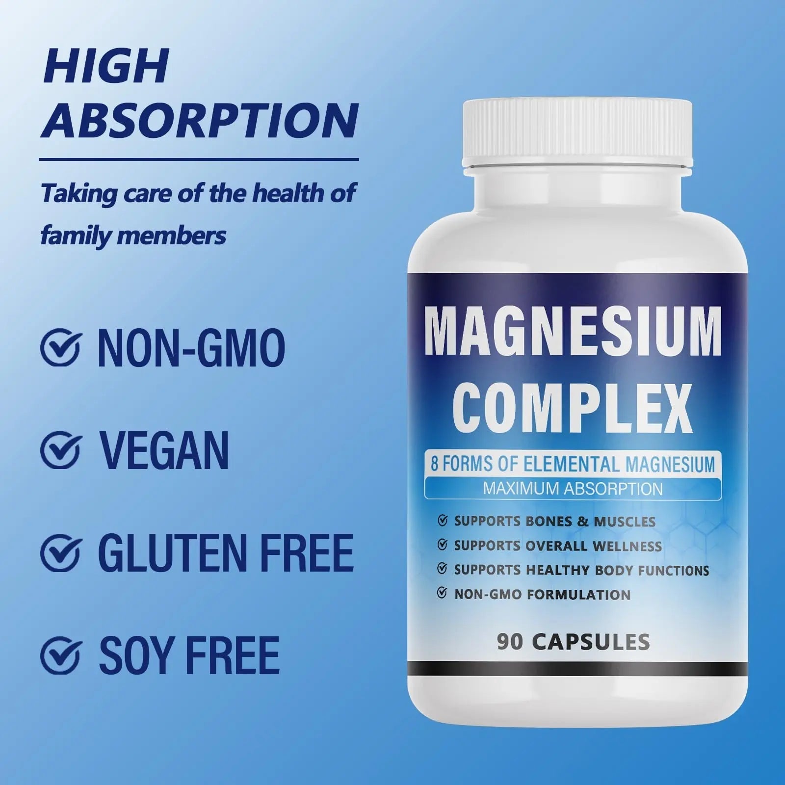 Magnesium Complex Supplement - 8 Elemental Magnesium 1000mg - Glycinate, Citrate, Malate, Taurate Chelated | Easy Absorption, Energy Support | Vegan Non-GMO, 90 Capsules (1pc) - TrustMedUSA