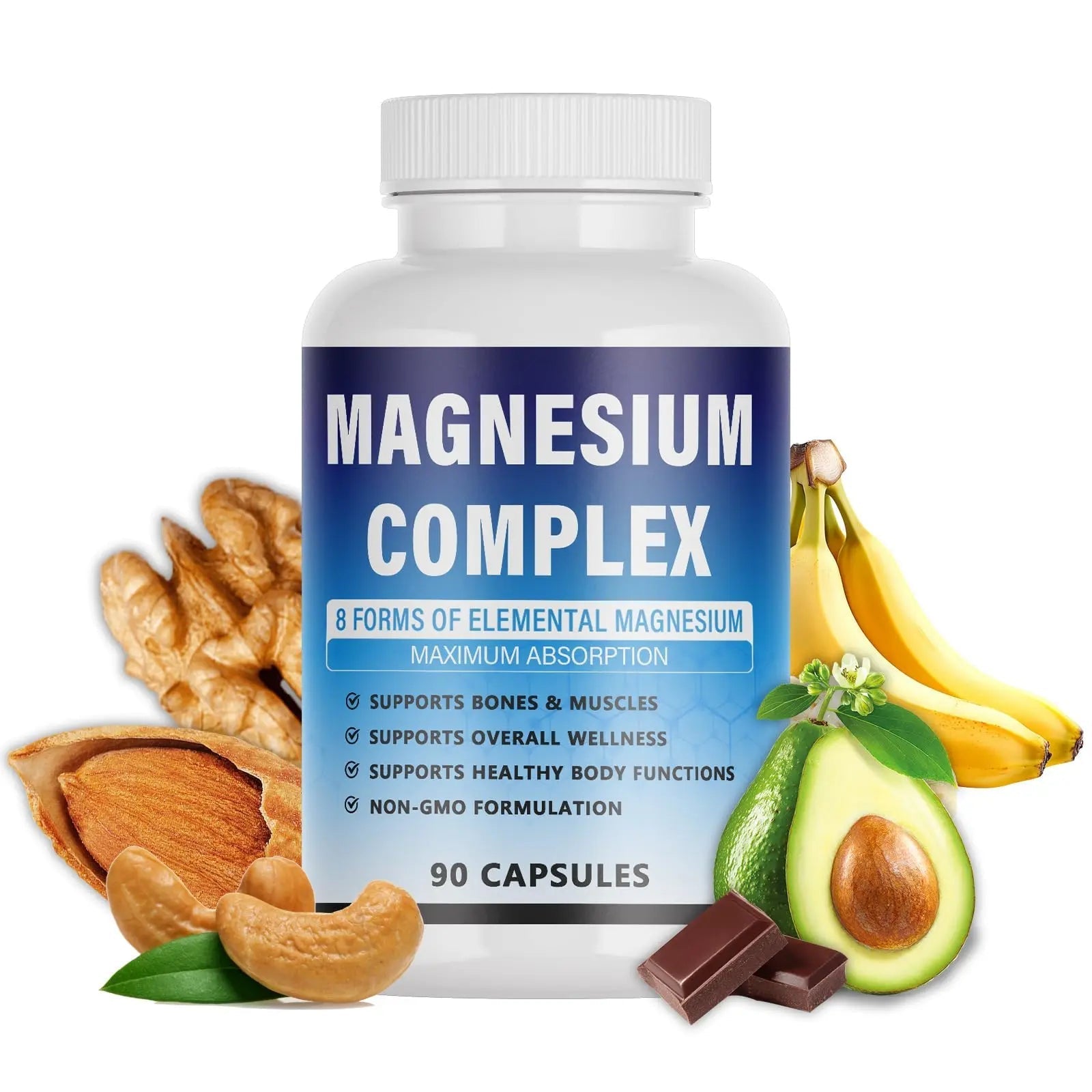 Magnesium Complex Supplement - 8 Elemental Magnesium 1000mg - Glycinate, Citrate, Malate, Taurate Chelated | Easy Absorption, Energy Support | Vegan Non-GMO, 90 Capsules (1pc) - TrustMedUSA