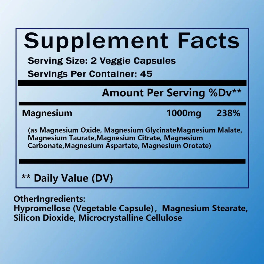 Magnesium Complex Supplement - 8 Elemental Magnesium 1000mg - Glycinate, Citrate, Malate, Taurate Chelated | Easy Absorption, Energy Support | Vegan Non-GMO, 90 Capsules (1pc) - TrustMedUSA