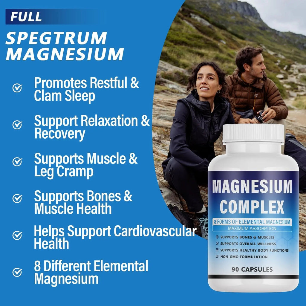 Magnesium Complex Supplement - 8 Elemental Magnesium 1000mg - Glycinate, Citrate, Malate, Taurate Chelated | Easy Absorption, Energy Support | Vegan Non-GMO, 90 Capsules (1pc) - TrustMedUSA