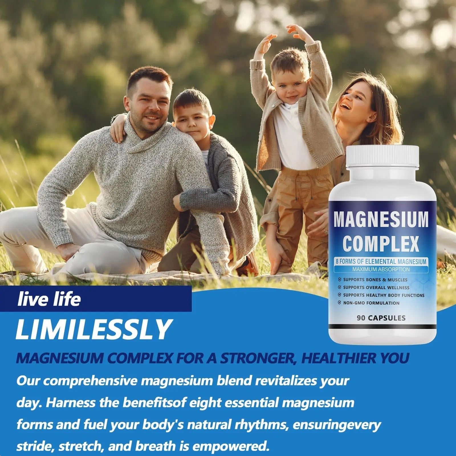 Magnesium Complex Supplement - 8 Elemental Magnesium 1000mg - Glycinate, Citrate, Malate, Taurate Chelated | Easy Absorption, Energy Support | Vegan Non-GMO, 90 Capsules (1pc) - TrustMedUSA