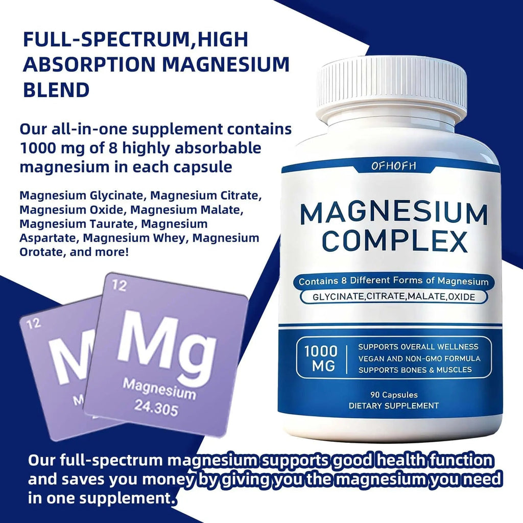 Magnesium Complex Supplement 8 Elemental - Magnesium Glycinate, Citrate, Malate, Oxide | Easy Absorption for Bones, Muscle, Energy, Vegan, Non-GMO 90 Capsules (1pc) - TrustMedUSA
