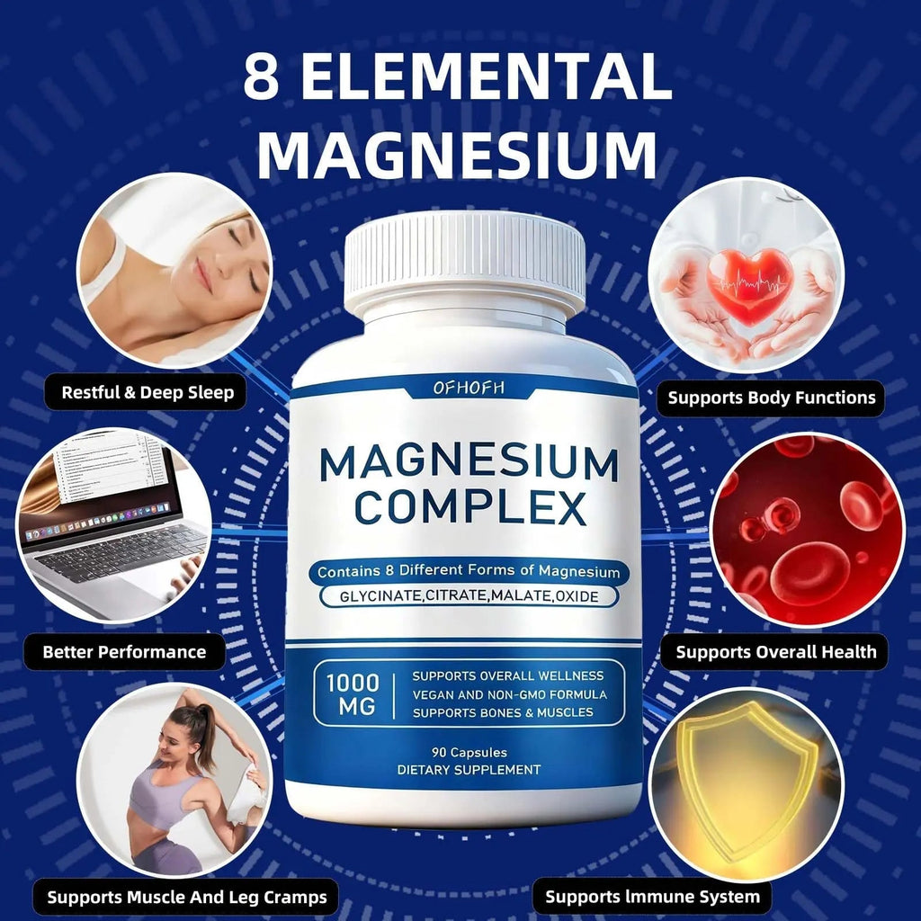 Magnesium Complex Supplement 8 Elemental - Magnesium Glycinate, Citrate, Malate, Oxide | Easy Absorption for Bones, Muscle, Energy, Vegan, Non-GMO 90 Capsules (1pc) - TrustMedUSA