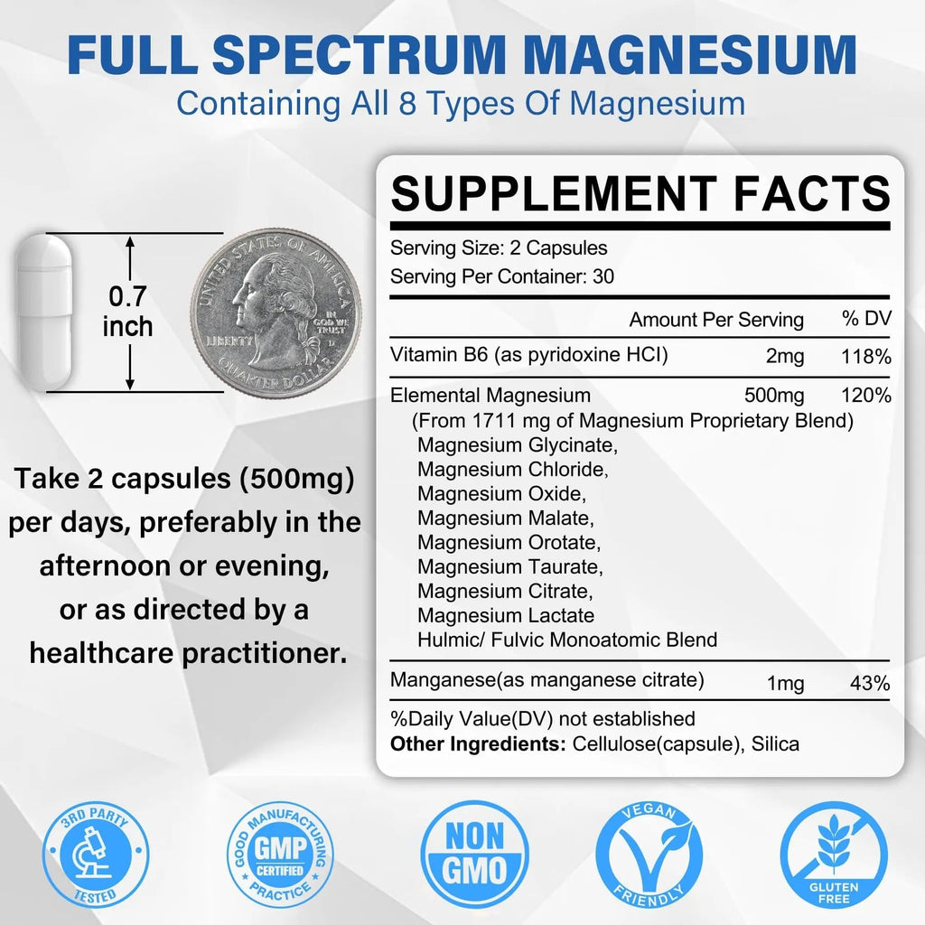 Magnesium Complex Supplement 8 Forms, 500mg Magnesium Glycinate, Malate, Citrate, High Absorption Mg for Calm, Sleep, Mood & Healthy Muscle, Pack of 2, Total 120 Vegan Capsules - TrustMedUSA