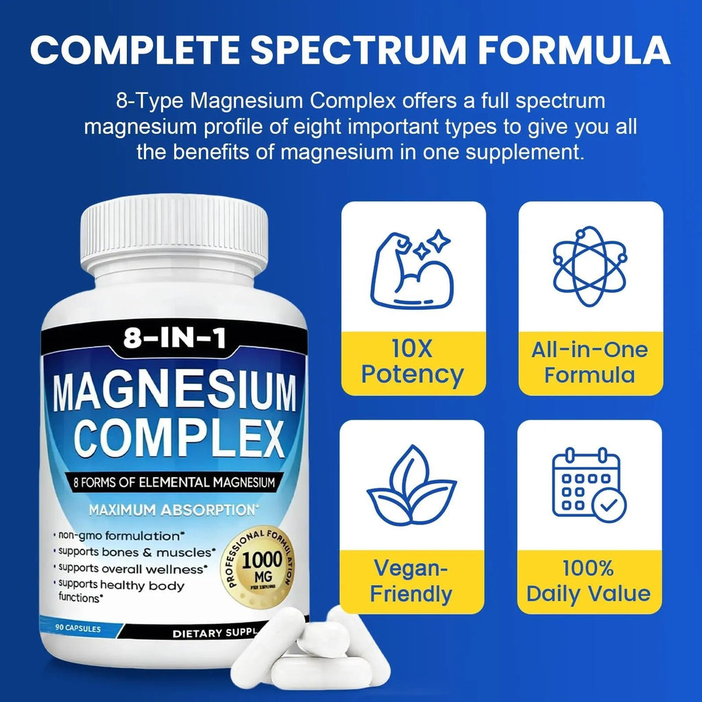 Magnesium Complex Supplement 8-in-1 Elemental 1000mg, Magnesium Glycinate, Malate & Citrate, Vegan, Non-GMO 90 Capsules - TrustMedUSA