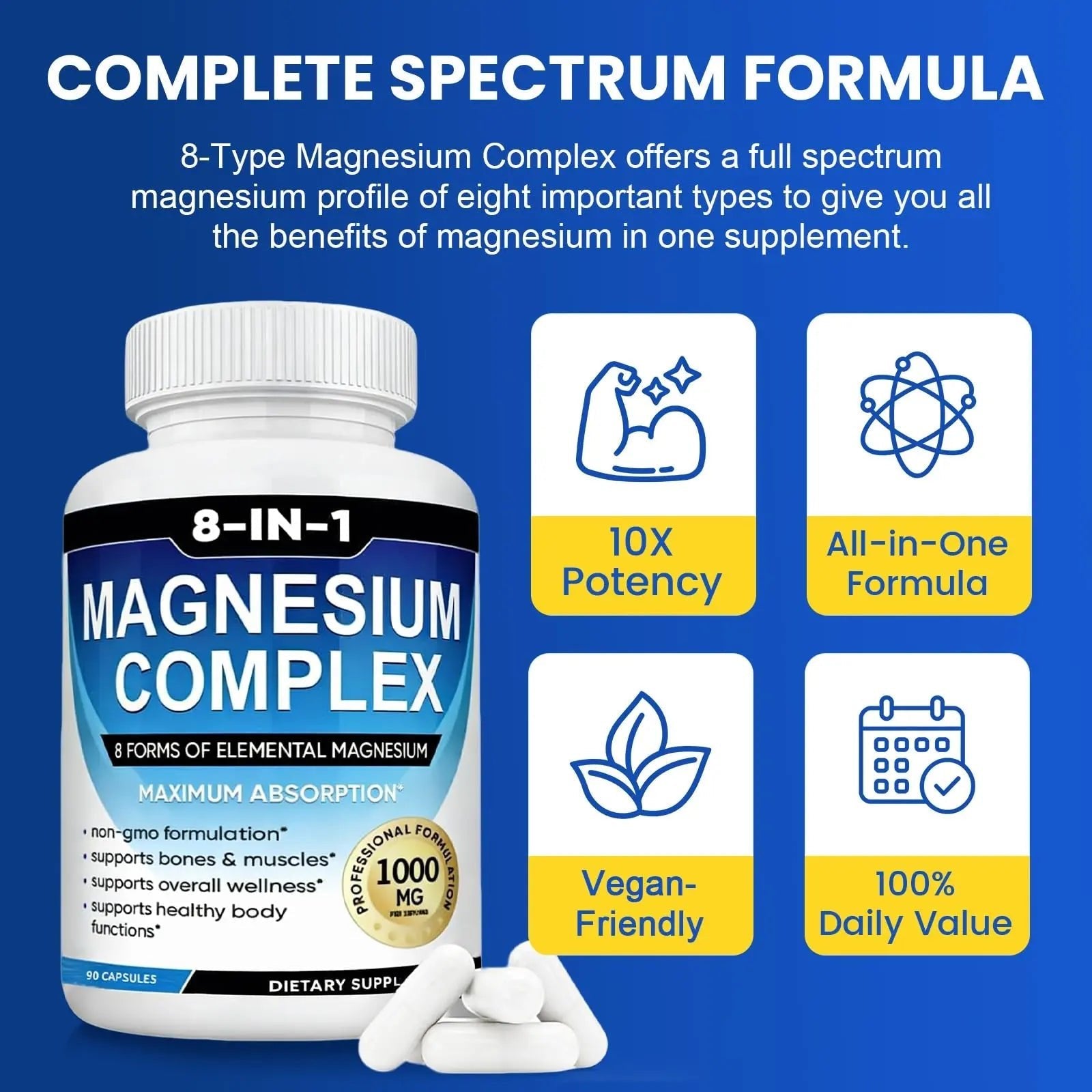 Magnesium Complex Supplement 8-in-1 Elemental 1000mg, Magnesium Glycinate, Malate & Citrate, Vegan, Non-GMO 90 Capsules - TrustMedUSA