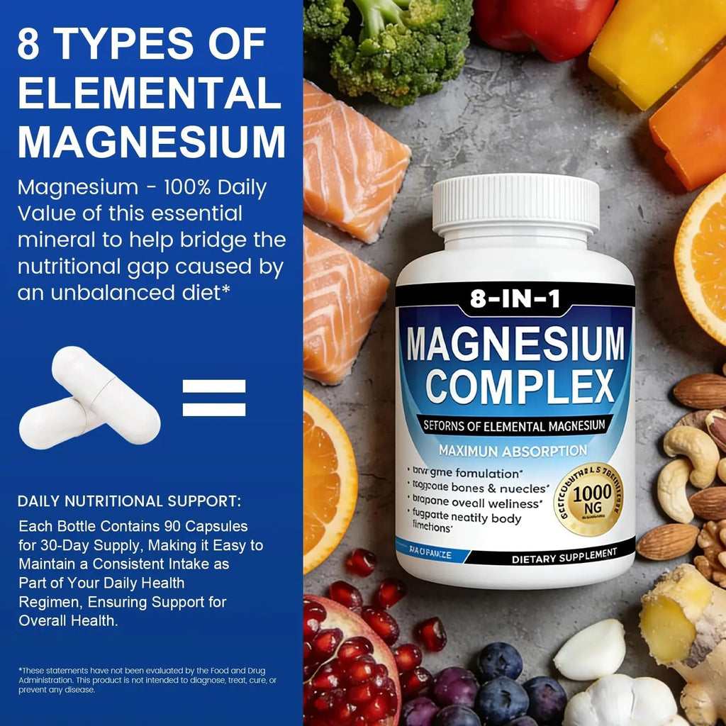 Magnesium Complex Supplement 8-in-1 Elemental 1000mg, Magnesium Glycinate, Malate & Citrate, Vegan, Non-GMO 90 Capsules - TrustMedUSA