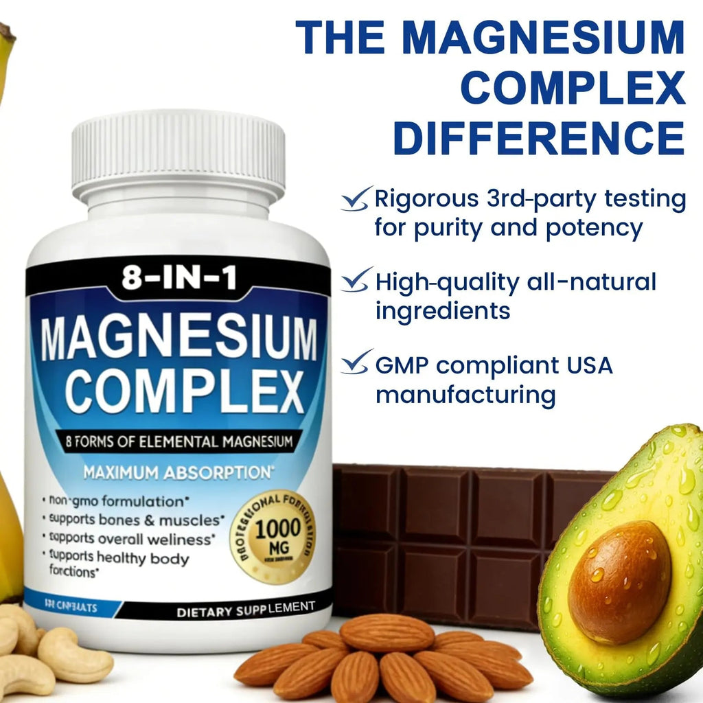 Magnesium Complex Supplement 8-in-1 Elemental 1000mg, Magnesium Glycinate, Malate & Citrate, Vegan, Non-GMO 90 Capsules - TrustMedUSA