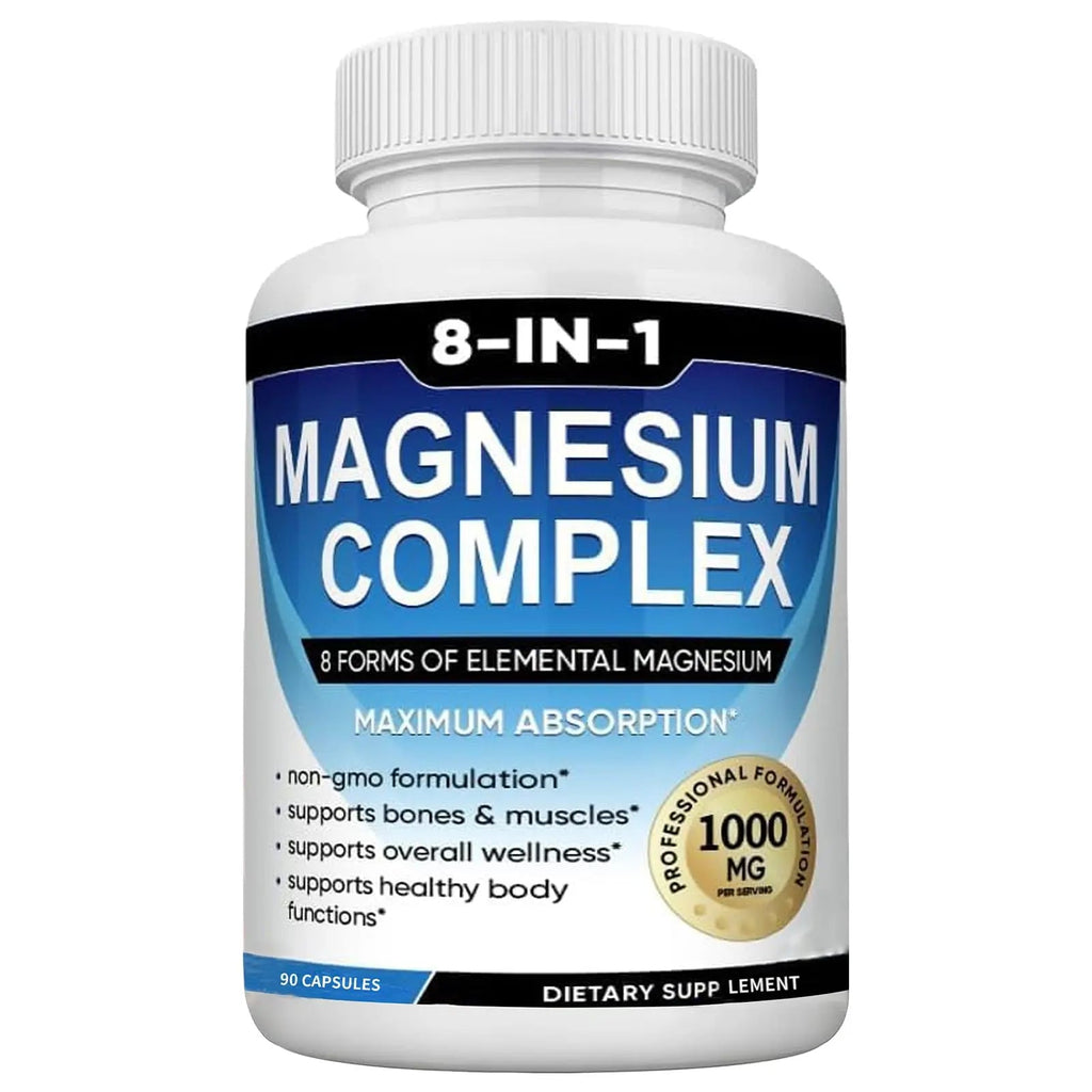 Magnesium Complex Supplement 8-in-1 Elemental 1000mg, Magnesium Glycinate, Malate & Citrate, Vegan, Non-GMO 90 Capsules - TrustMedUSA