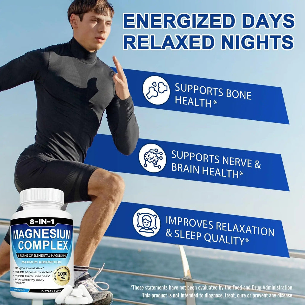Magnesium Complex Supplement 8-in-1 Elemental 1000mg, Magnesium Glycinate, Malate & Citrate, Vegan, Non-GMO 90 Capsules - TrustMedUSA