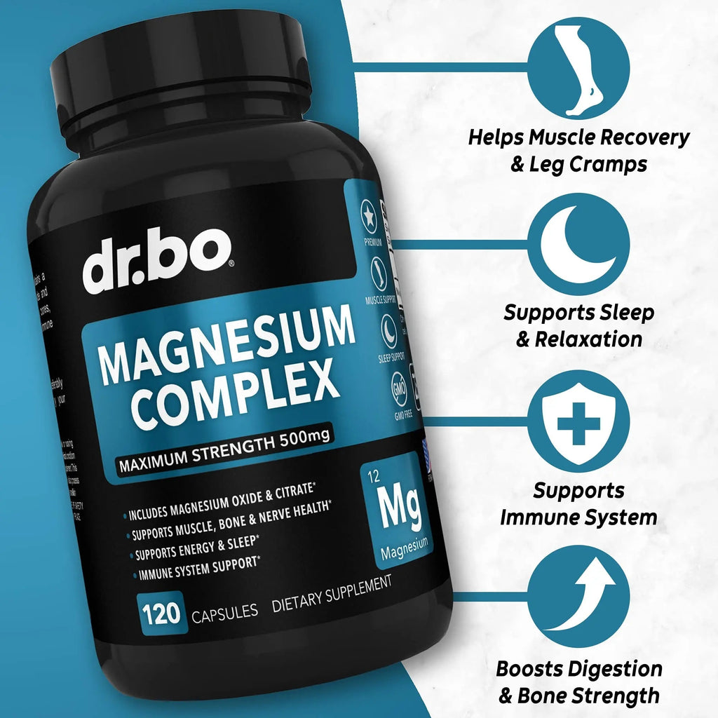 Magnesium Complex Supplement Capsules 500mg - Support Energy, Relaxation, Leg Cramps & Legs - Help Aid Muscle Support Supplements - High Absorption Premium Mag Citrate Oxide - 120 Capsules - TrustMedUSA
