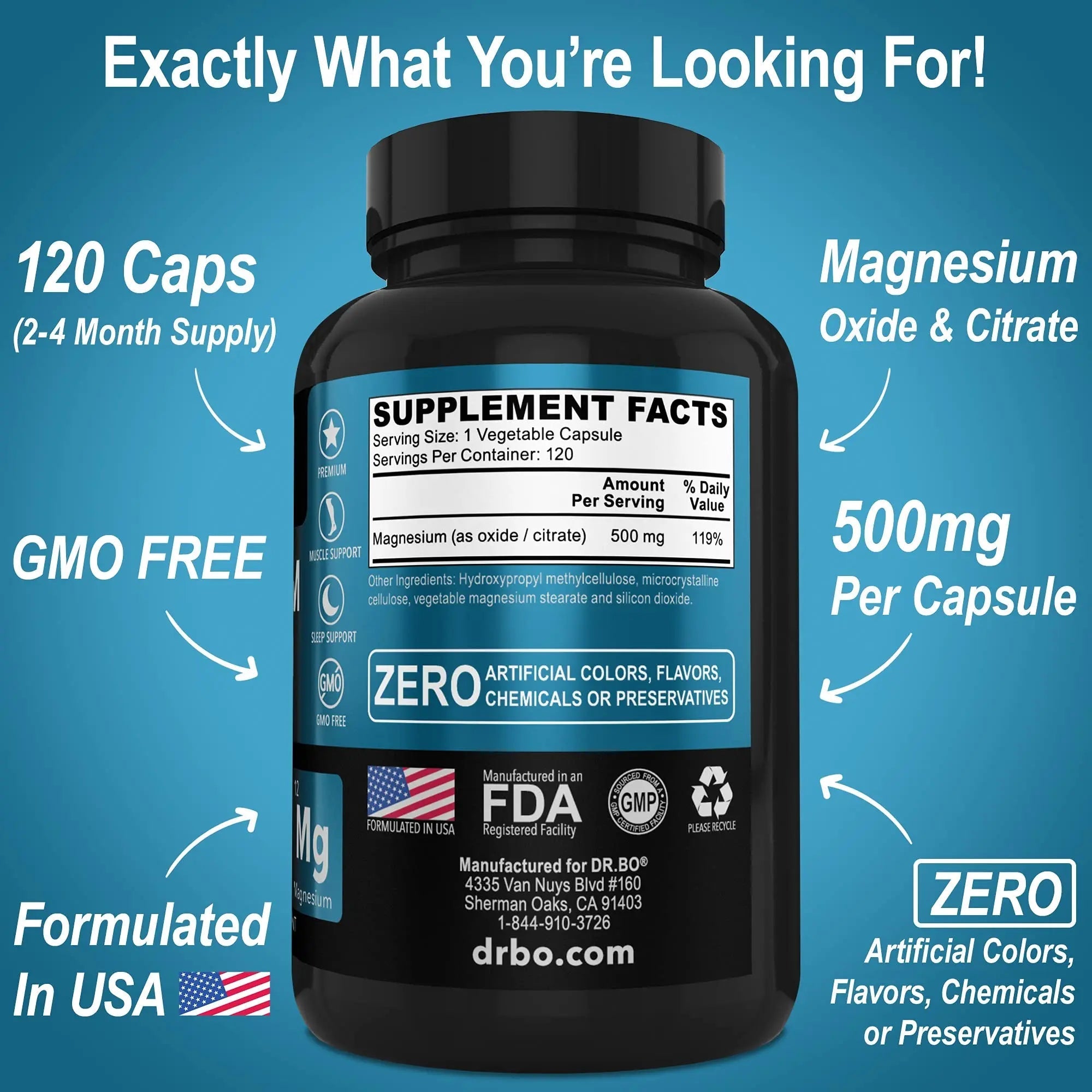 Magnesium Complex Supplement Capsules 500mg - Support Energy, Relaxation, Leg Cramps & Legs - Help Aid Muscle Support Supplements - High Absorption Premium Mag Citrate Oxide - 120 Capsules - TrustMedUSA