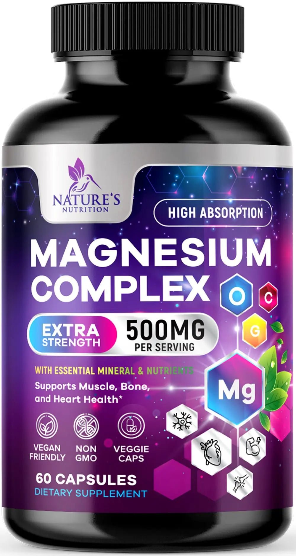 Magnesium Complex Supplement - Magnesium 500 mg Per Serving - 4 in 1 High Absorption Blend - 100% Chelated Magnesium Glycinate with Malate, Citrate & Oxide - Vegan Complex - USA Bottled - 60 Capsules - TrustMedUSA