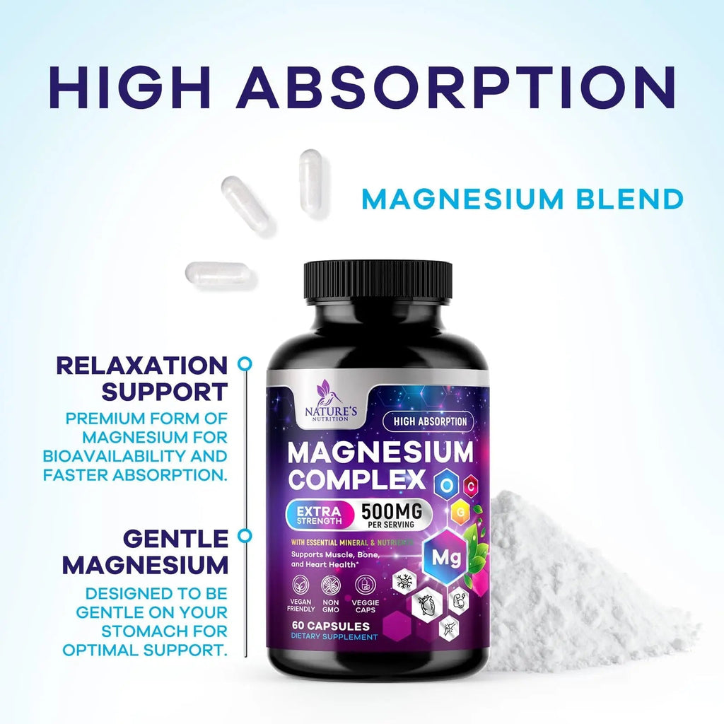 Magnesium Complex Supplement - Magnesium 500 mg Per Serving - 4 in 1 High Absorption Blend - 100% Chelated Magnesium Glycinate with Malate, Citrate & Oxide - Vegan Complex - USA Bottled - 60 Capsules - TrustMedUSA