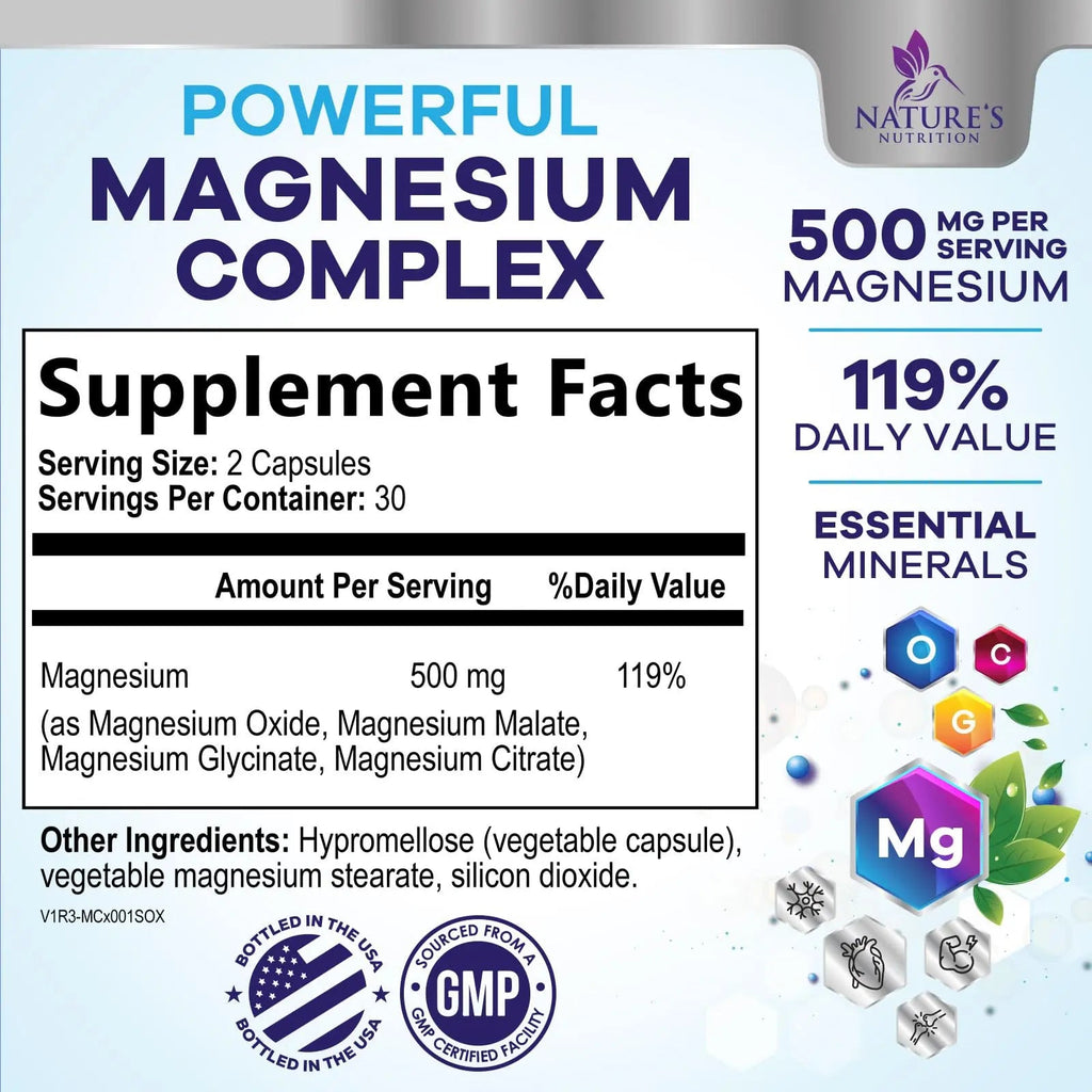 Magnesium Complex Supplement - Magnesium 500 mg Per Serving - 4 in 1 High Absorption Blend - 100% Chelated Magnesium Glycinate with Malate, Citrate & Oxide - Vegan Complex - USA Bottled - 60 Capsules - TrustMedUSA