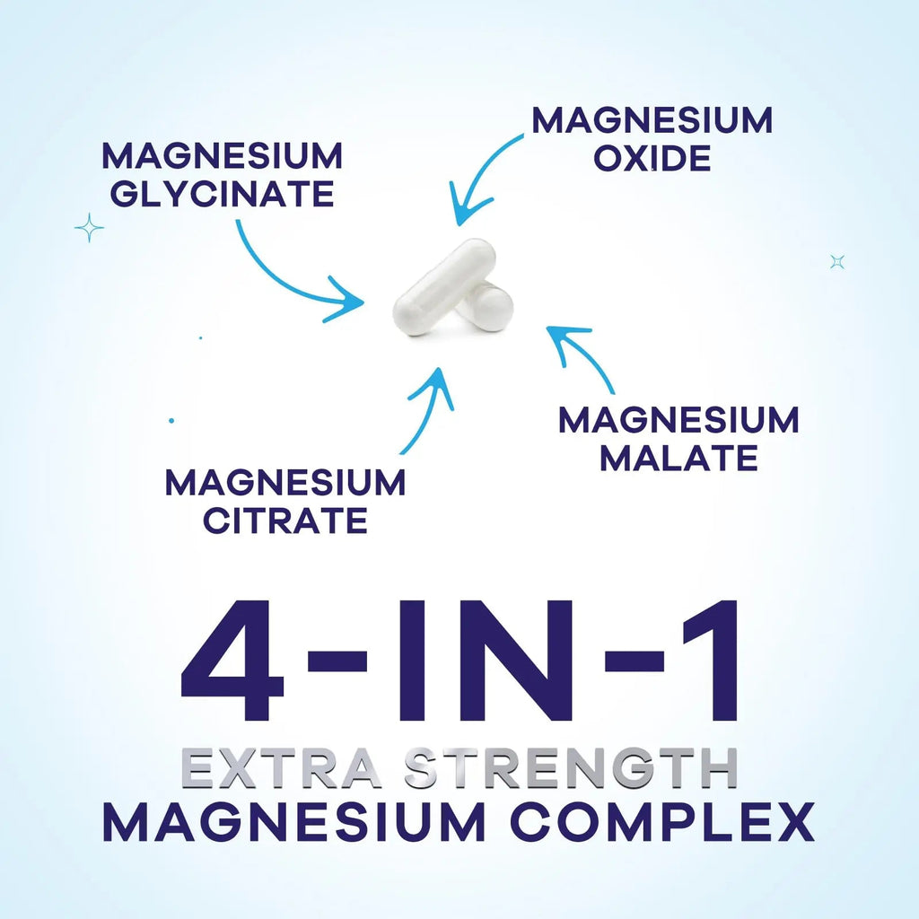 Magnesium Complex Supplement - Magnesium 500 mg Per Serving - 4 in 1 High Absorption Blend - 100% Chelated Magnesium Glycinate with Malate, Citrate & Oxide - Vegan Complex - USA Bottled - 60 Capsules - TrustMedUSA