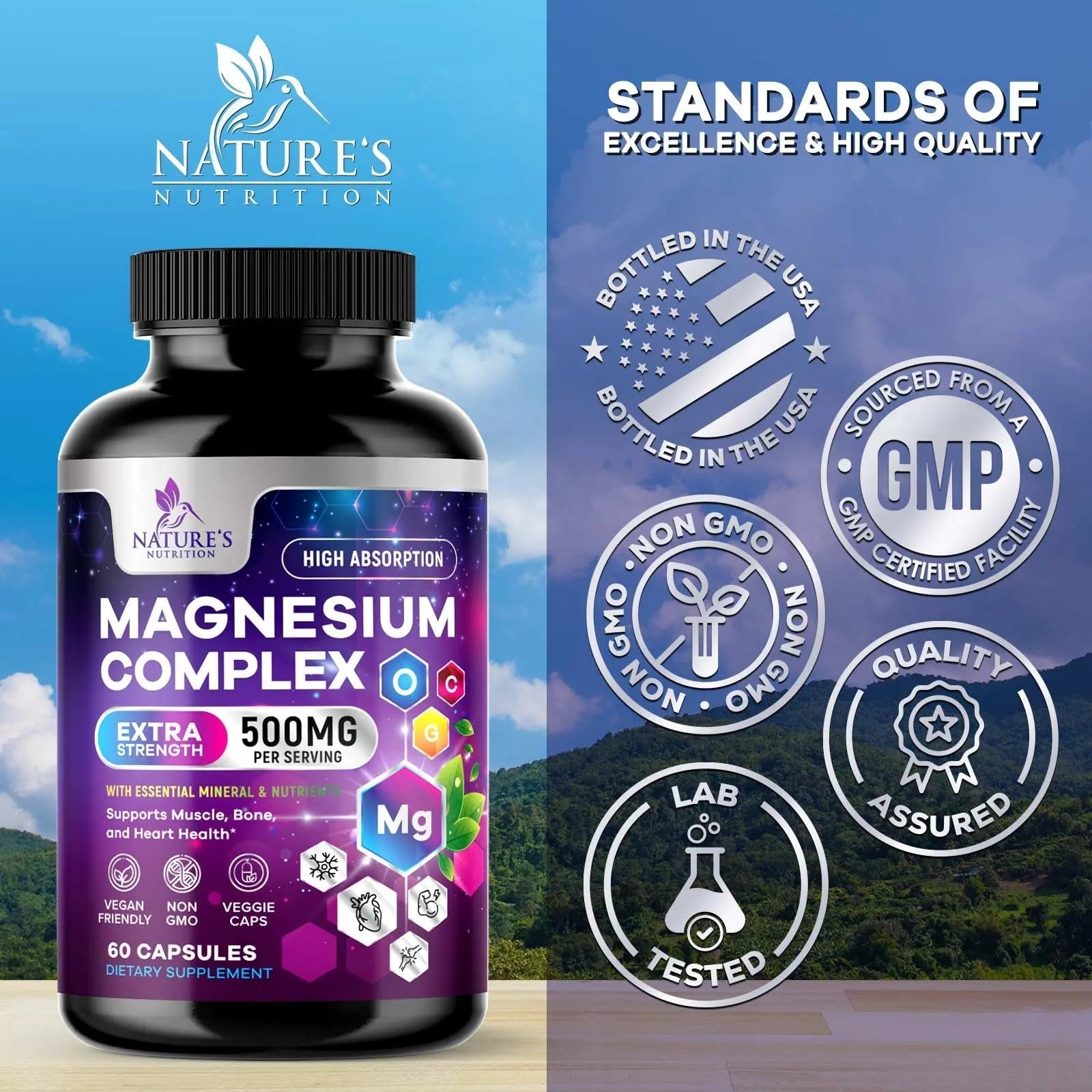 Magnesium Complex Supplement - Magnesium 500 mg Per Serving - 4 in 1 High Absorption Blend - 100% Chelated Magnesium Glycinate with Malate, Citrate & Oxide - Vegan Complex - USA Bottled - 60 Capsules - TrustMedUSA
