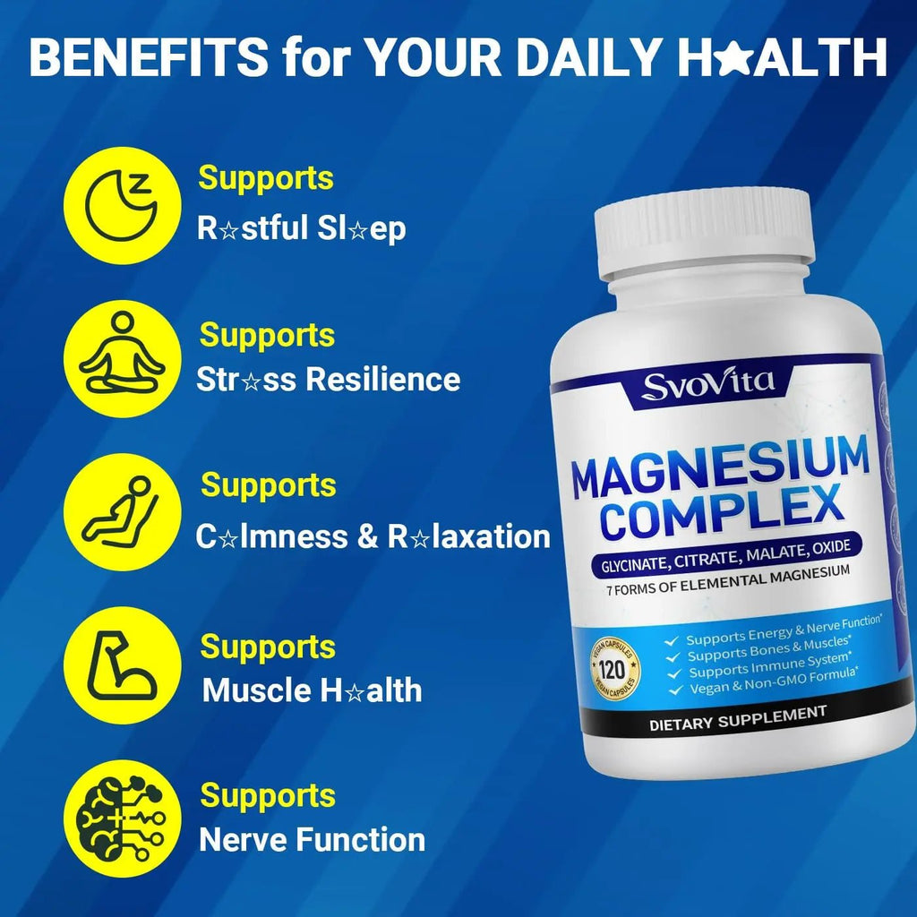 Magnesium Complex Supplement with 7 Forms of Magnesium Glycinate, Malate, Citrate & More, High Absorption for Bones, Muscle, Recovery, Energy, Vegan Non-GMO 120 Capsules - TrustMedUSA