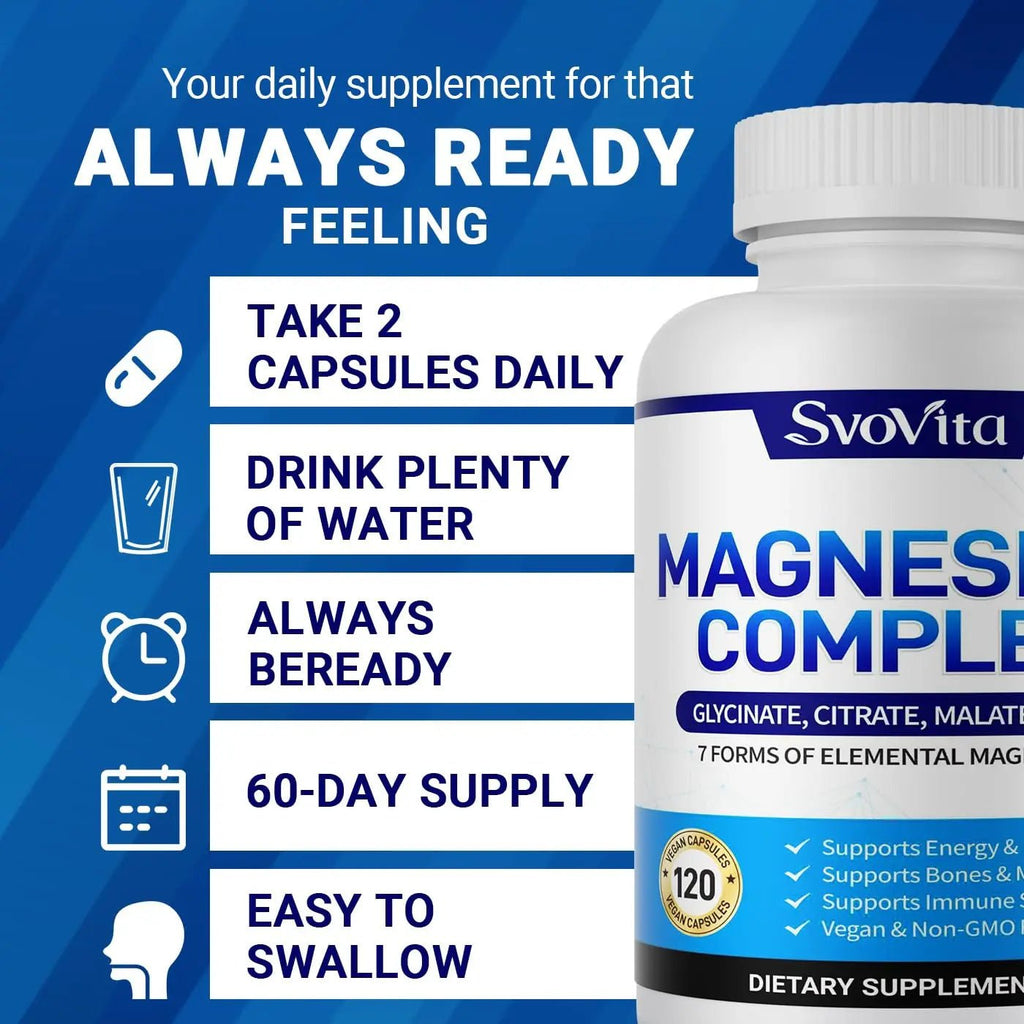 Magnesium Complex Supplement with 7 Forms of Magnesium Glycinate, Malate, Citrate & More, High Absorption for Bones, Muscle, Recovery, Energy, Vegan Non-GMO 120 Capsules - TrustMedUSA