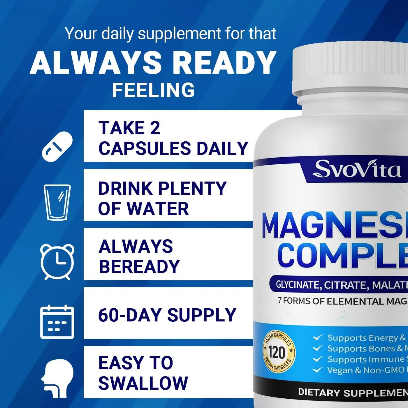 Magnesium Complex Supplement with 7 Forms of Magnesium Glycinate, Malate, Citrate & More, High Absorption for Bones, Muscle, Recovery, Energy, Vegan Non-GMO 120 Capsules - TrustMedUSA