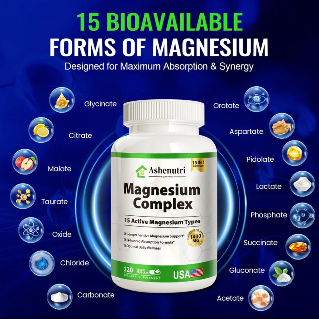 Magnesium Complex with 15 Types Magnesium Glycinate Citrate Malate Taurate Oxide Carbonate Chloride Orotate Magnesio Muscle, Heart, Relaxation & Nerves 120 Vegan Capsules, 60-Day Supply - TrustMedUSA