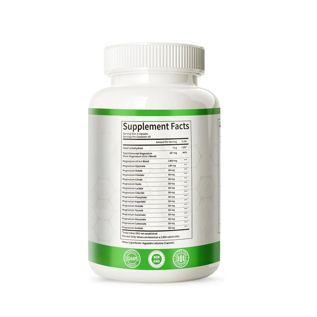 Magnesium Complex with 15 Types Magnesium Glycinate Citrate Malate Taurate Oxide Carbonate Chloride Orotate Magnesio Muscle, Heart, Relaxation & Nerves 120 Vegan Capsules, 60-Day Supply - TrustMedUSA