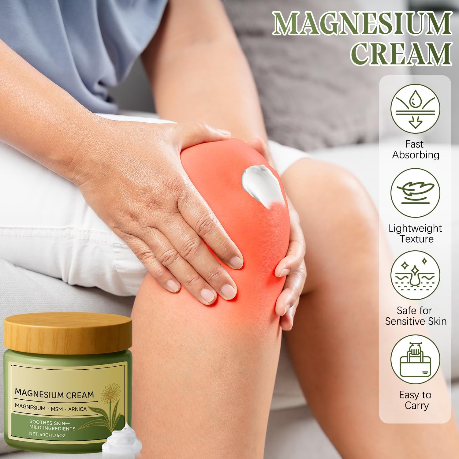 Magnesium Cream with MSM & Arnica,Nerve Relief Mild Ingredients for Skin Soothing,Fast-Absorbing Non-Greasy Massage Cream for Daily Comfort - TrustMedUSA