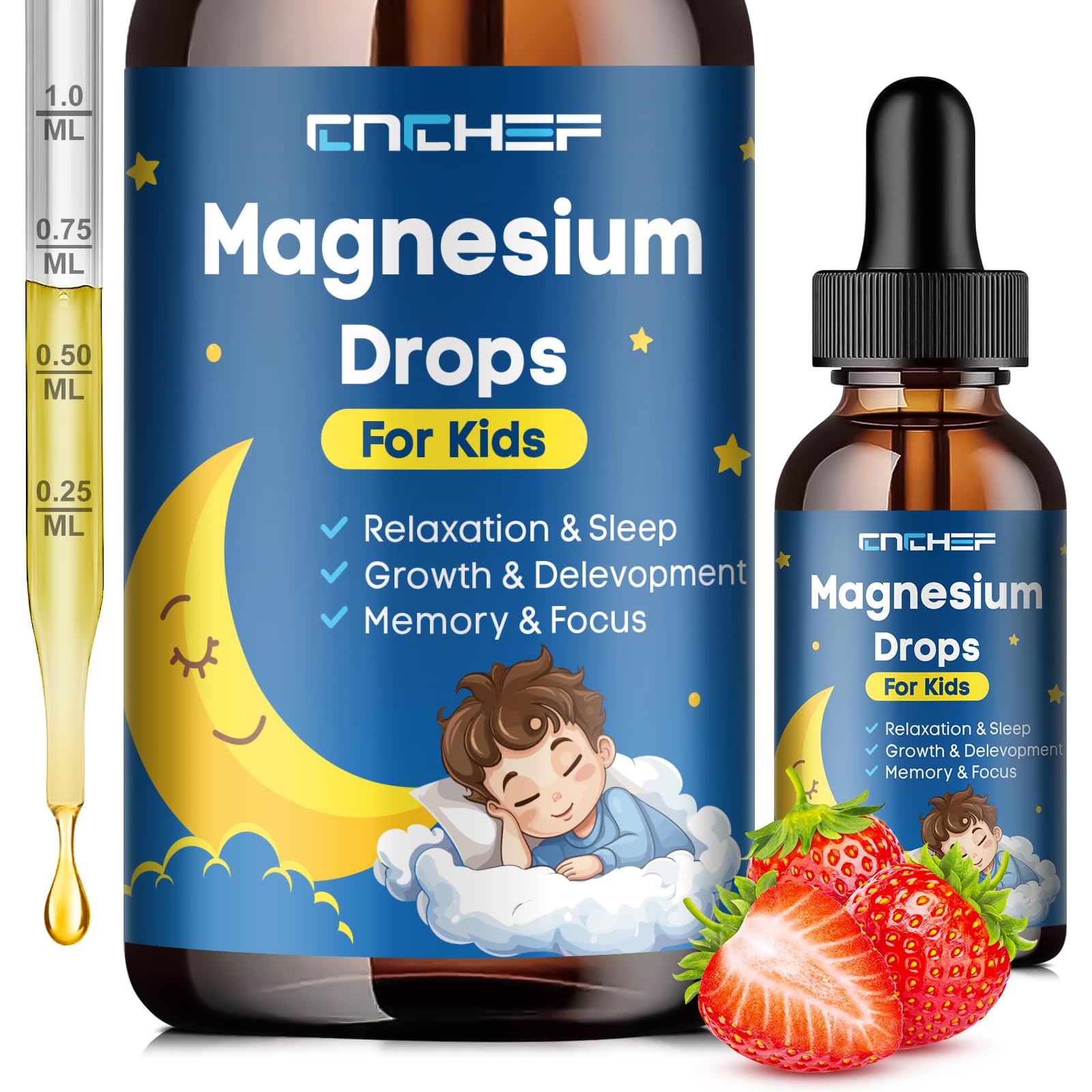 Magnesium Drops - Magnesium Glycinate Liquid Drops for Kids - Calm, Sleep, Relaxation, Bones, Brain Support with Vitamin B6, C, D3, Omega-3, L-Theanine, Zinc, Multivitamins - Strawberry Flavor 2 Fl Oz - TrustMedUSA