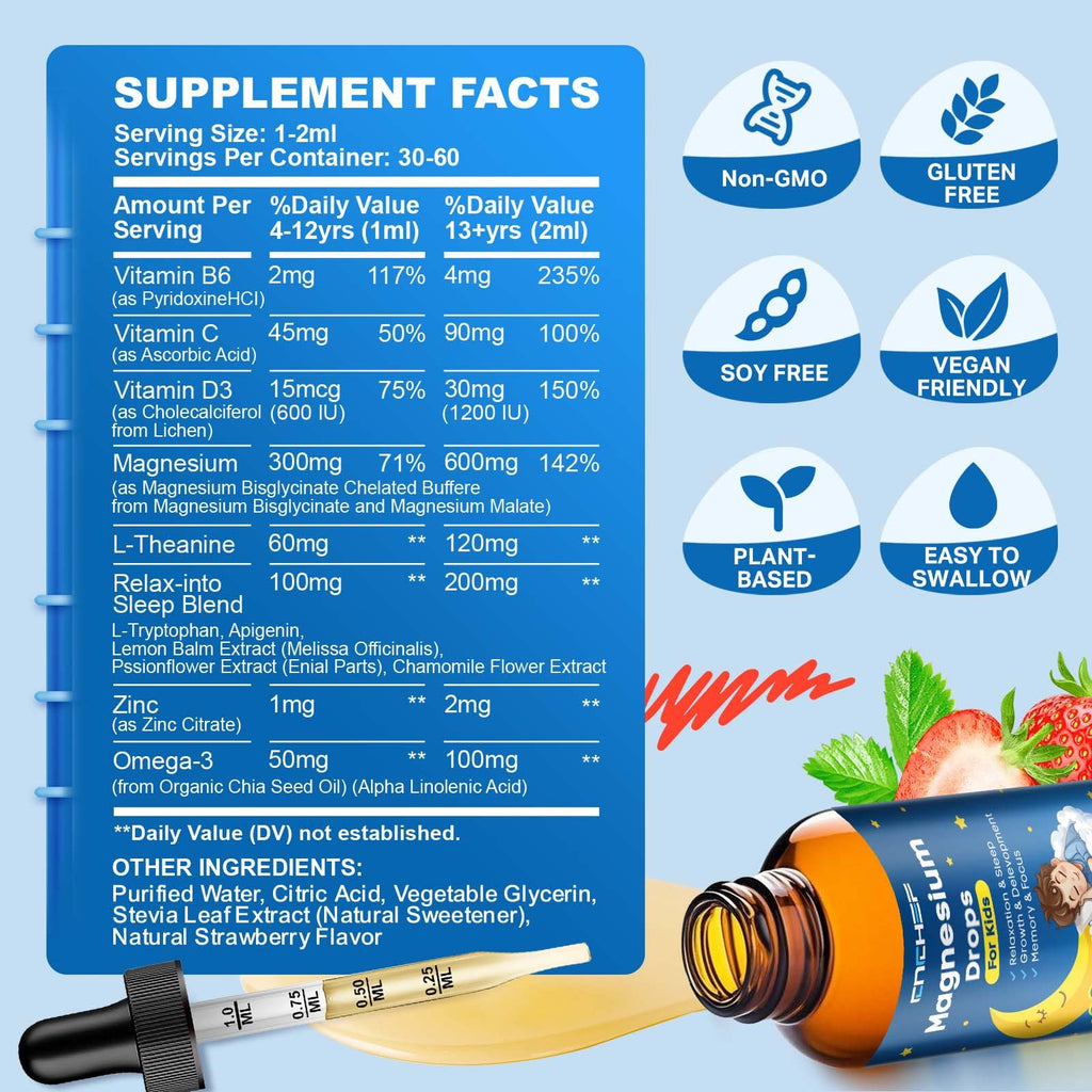 Magnesium Drops - Magnesium Glycinate Liquid Drops for Kids - Calm, Sleep, Relaxation, Bones, Brain Support with Vitamin B6, C, D3, Omega-3, L-Theanine, Zinc, Multivitamins - Strawberry Flavor 2 Fl Oz - TrustMedUSA