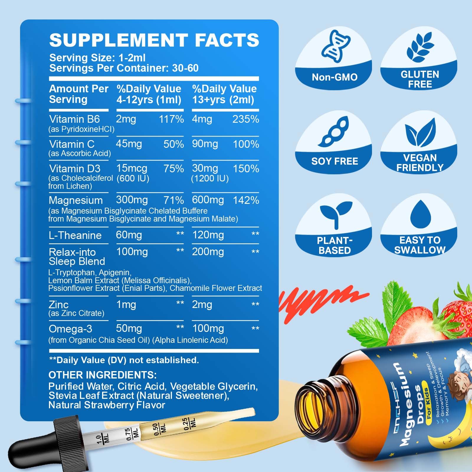 Magnesium Drops - Magnesium Glycinate Liquid Drops for Kids - Calm, Sleep, Relaxation, Bones, Brain Support with Vitamin B6, C, D3, Omega-3, L-Theanine, Zinc, Multivitamins - Strawberry Flavor 2 Fl Oz - TrustMedUSA