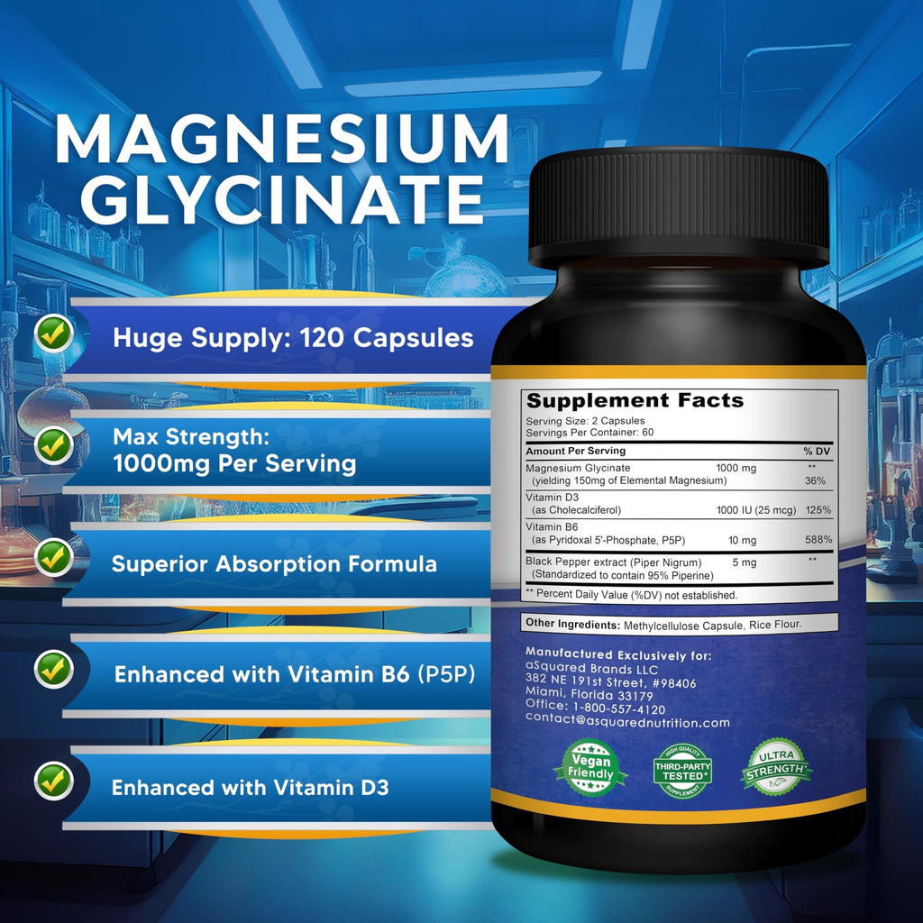 Magnesium Glycinate 1000mg with Vitamin D3 & B6-500mg per Capsule - Pure Elemental Mag Supplement Complex for Sleep, Muscle, Bone Health - TrustMedUSA