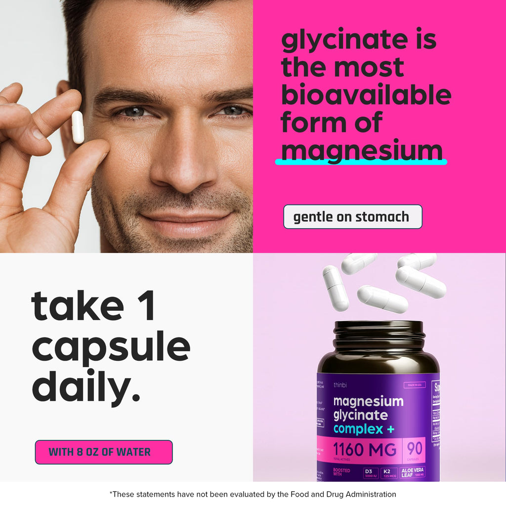 Magnesium Glycinate 1160mg + Aloe Vera, D3 & K2 Complex 90 Capsules - High Absorption, Non-Laxative - Supports - TrustMedUSA