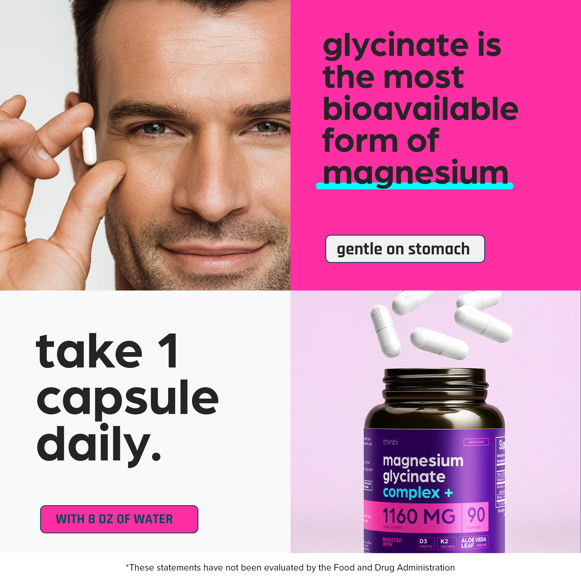 Magnesium Glycinate 1160mg + Aloe Vera, D3 & K2 Complex 90 Capsules - High Absorption, Non-Laxative - Supports - TrustMedUSA