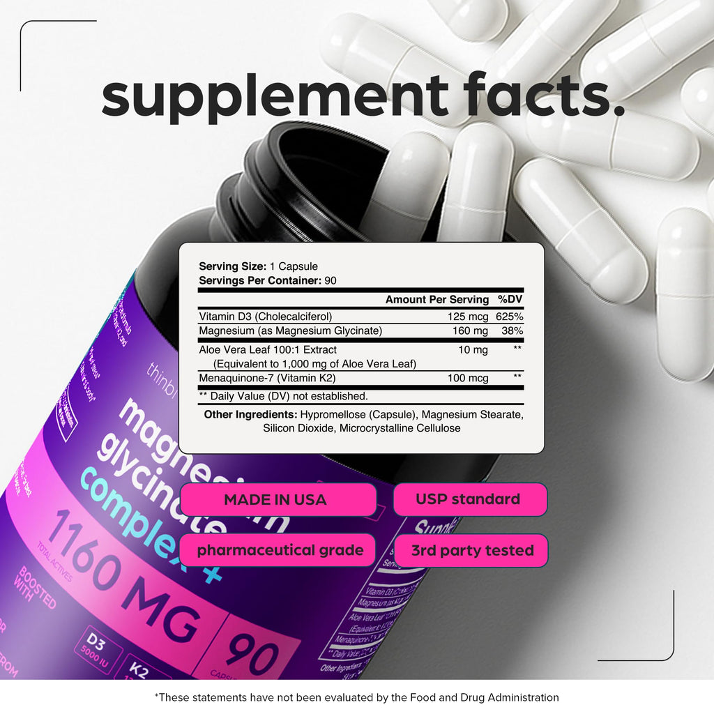 Magnesium Glycinate 1160mg + Aloe Vera, D3 & K2 Complex 90 Capsules - High Absorption, Non-Laxative - Supports - TrustMedUSA