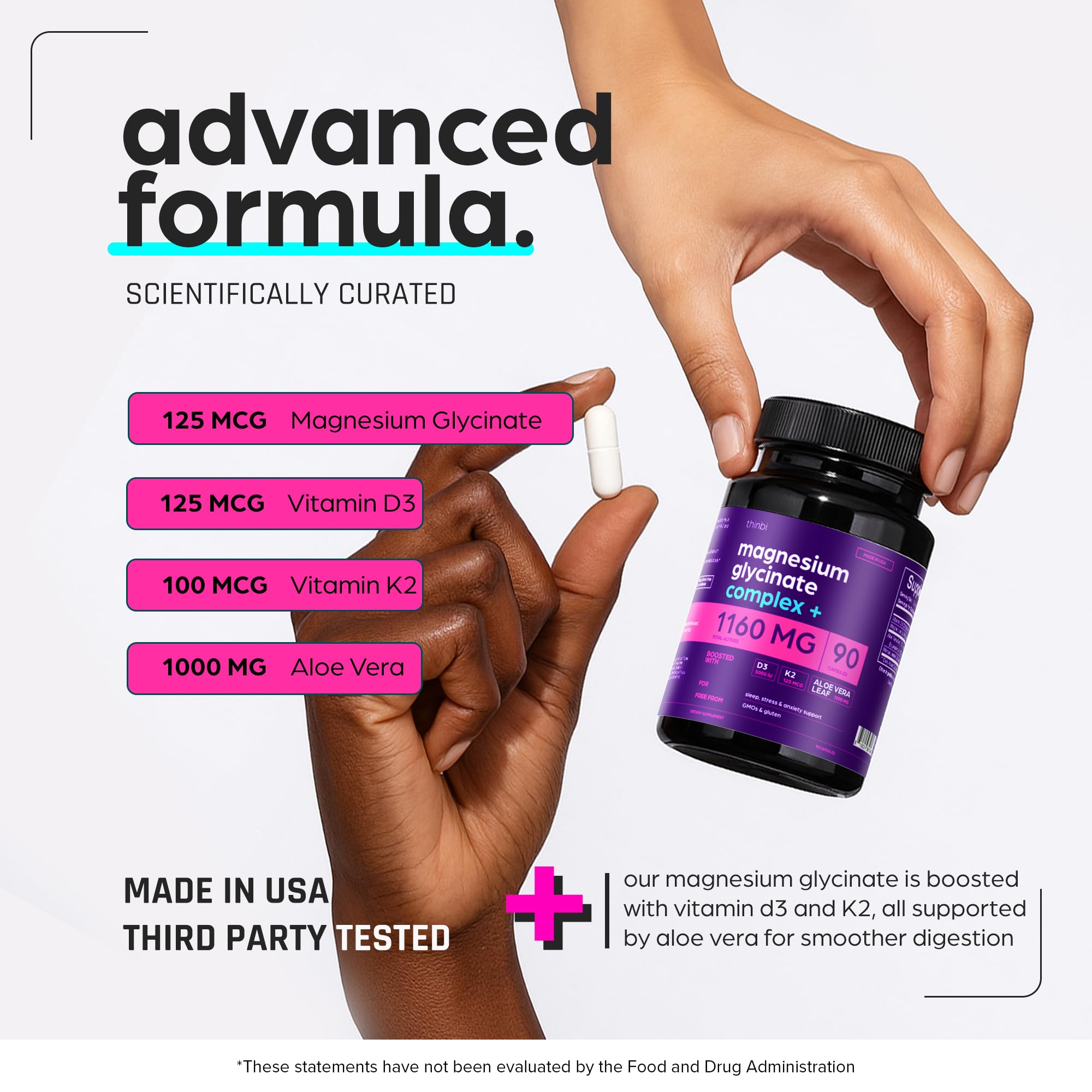 Magnesium Glycinate 1160mg + Aloe Vera, D3 & K2 Complex 90 Capsules - High Absorption, Non-Laxative - Supports - TrustMedUSA