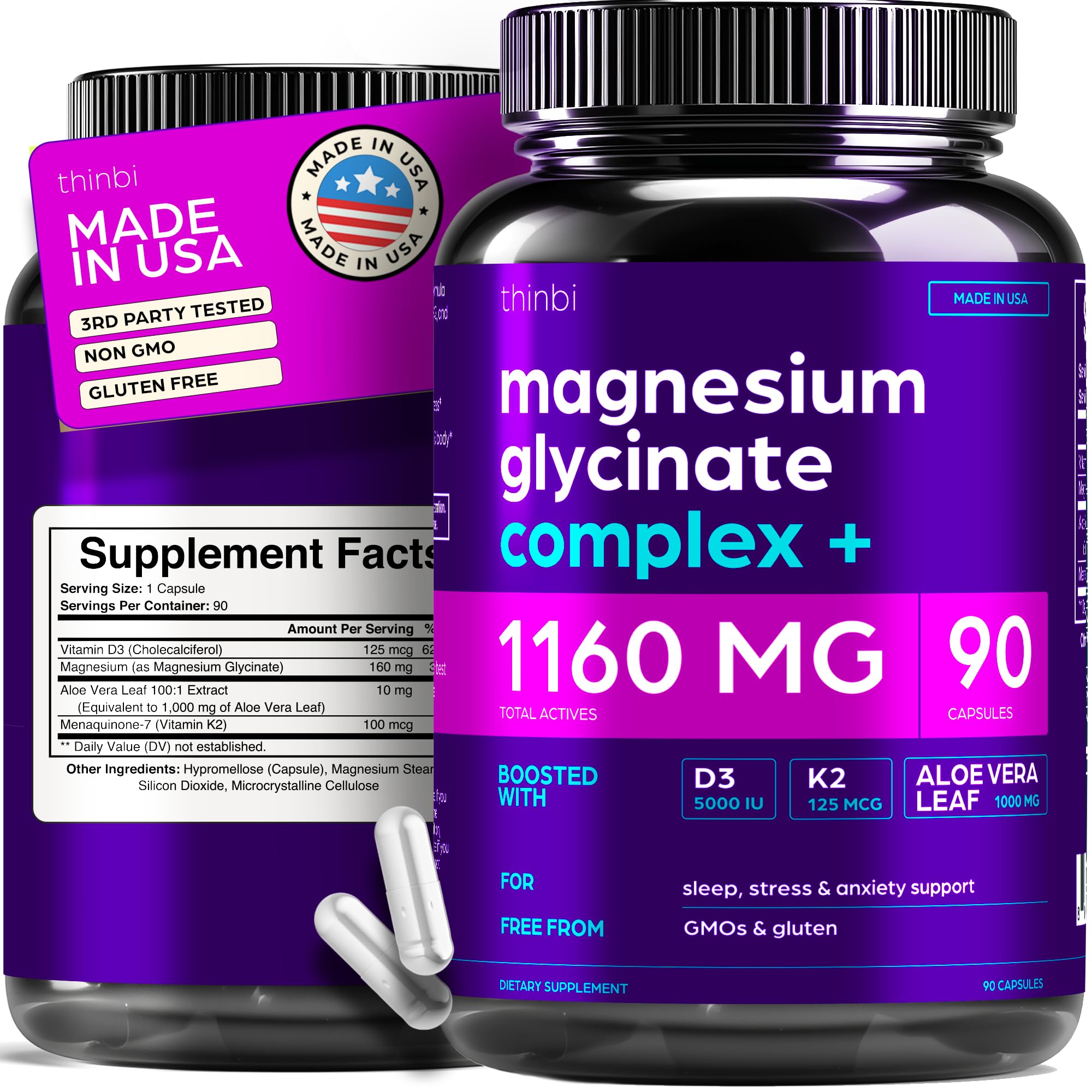Magnesium Glycinate 1160mg + Aloe Vera, D3 & K2 Complex 90 Capsules - High Absorption, Non-Laxative - Supports - TrustMedUSA