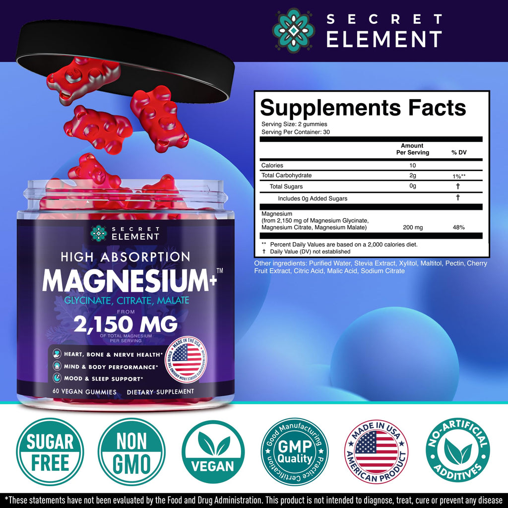 Magnesium Glycinate 2150 MG Gummies, High Absorption Magnesium Glycinate, Citrate & Malate, Sugar-Free, Vegan, Chews for Men & Women, 60 Gummies, Cherry Flavor– 60 Wild Cherry Flavor Chews - TrustMedUSA